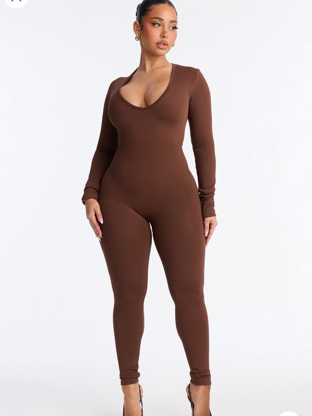 Fashion Nova Ribbed Scoop-Neck Jumpsuit in Brown